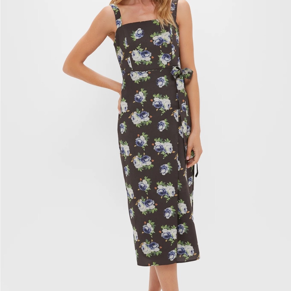 NWT Tuckernuck Brown & Blue Floral Wrap Tasha Midi Dress
